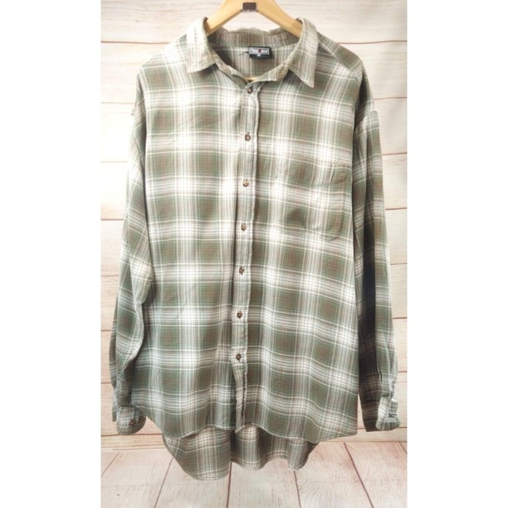 Men Warm Plaid Button Up Long Sleeve Shirt Brown Green Casual Blouse 2XL Vintage